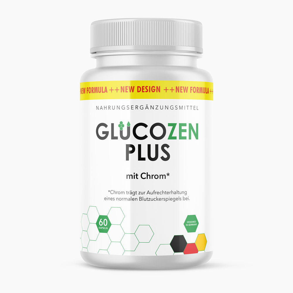 Weiße Dose Nahrungsergänzungsmittel GlucoZen Plus mit Chrom 60 Kapseln Frontansicht
