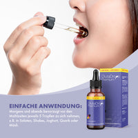 Thumbnail for Person hält Pipette mit Flüssigkeit an den geöffneten Mund daneben Produktabbildung GlutaDrops Premium