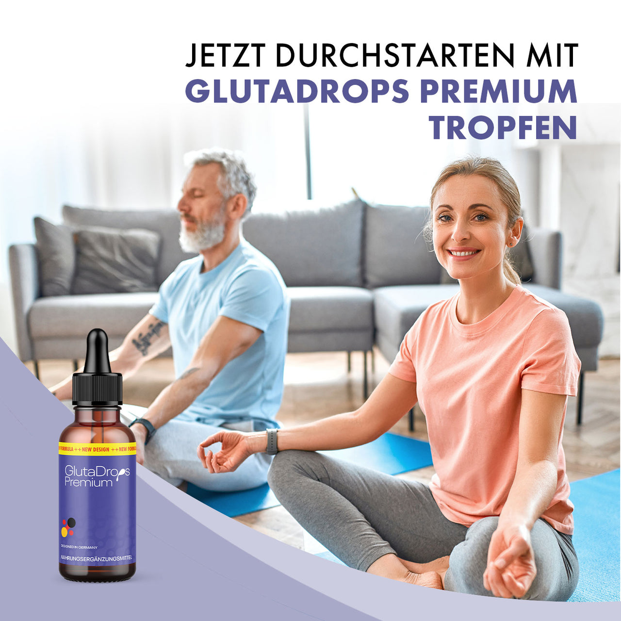 Zwei Personen sitzen auf Matten im Raum Produktflasche GlutaDrops Premium links unten Text oben