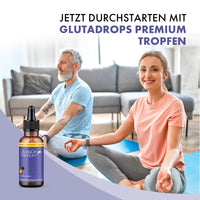 Thumbnail for Zwei Personen sitzen auf Matten im Raum Produktflasche GlutaDrops Premium links unten Text oben