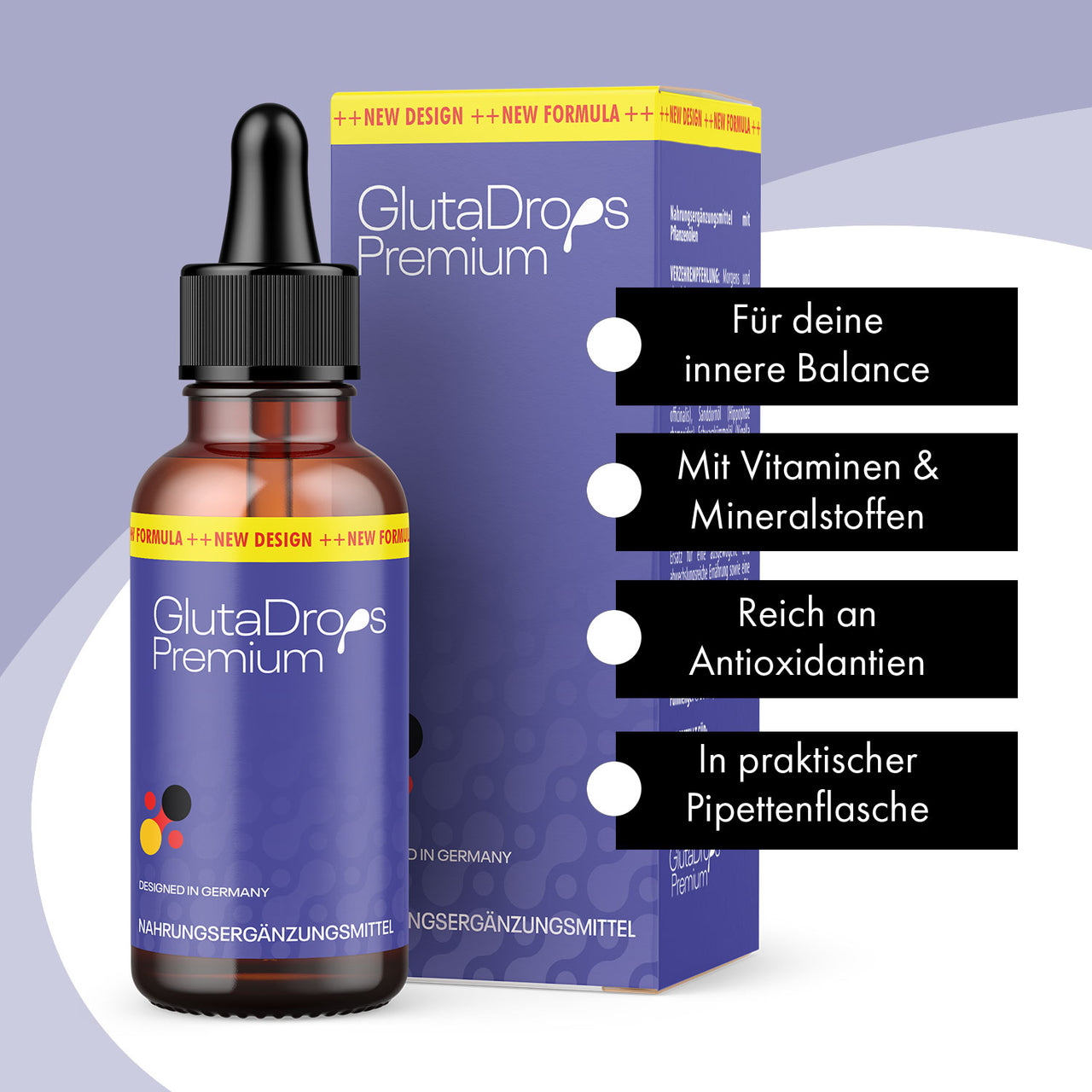 Braune Glasflasche mit Pipette GlutaDrops Premium vor Faltschachtel mit Textfeldern