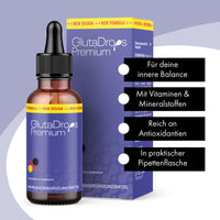 Thumbnail for Braune Glasflasche mit Pipette GlutaDrops Premium vor Faltschachtel mit Textfeldern