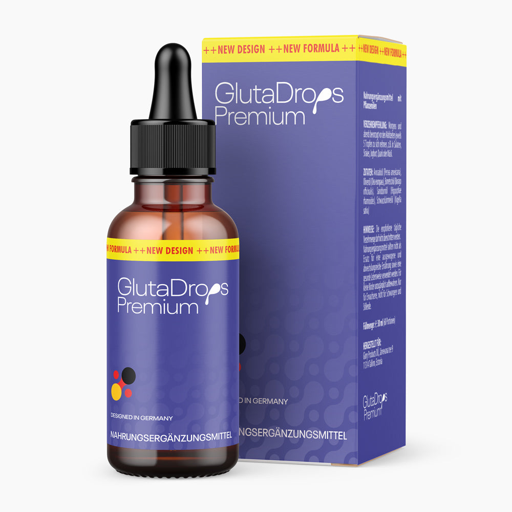 Braune Glasflasche mit Pipette GlutaDrops Premium vor passender Faltschachtel