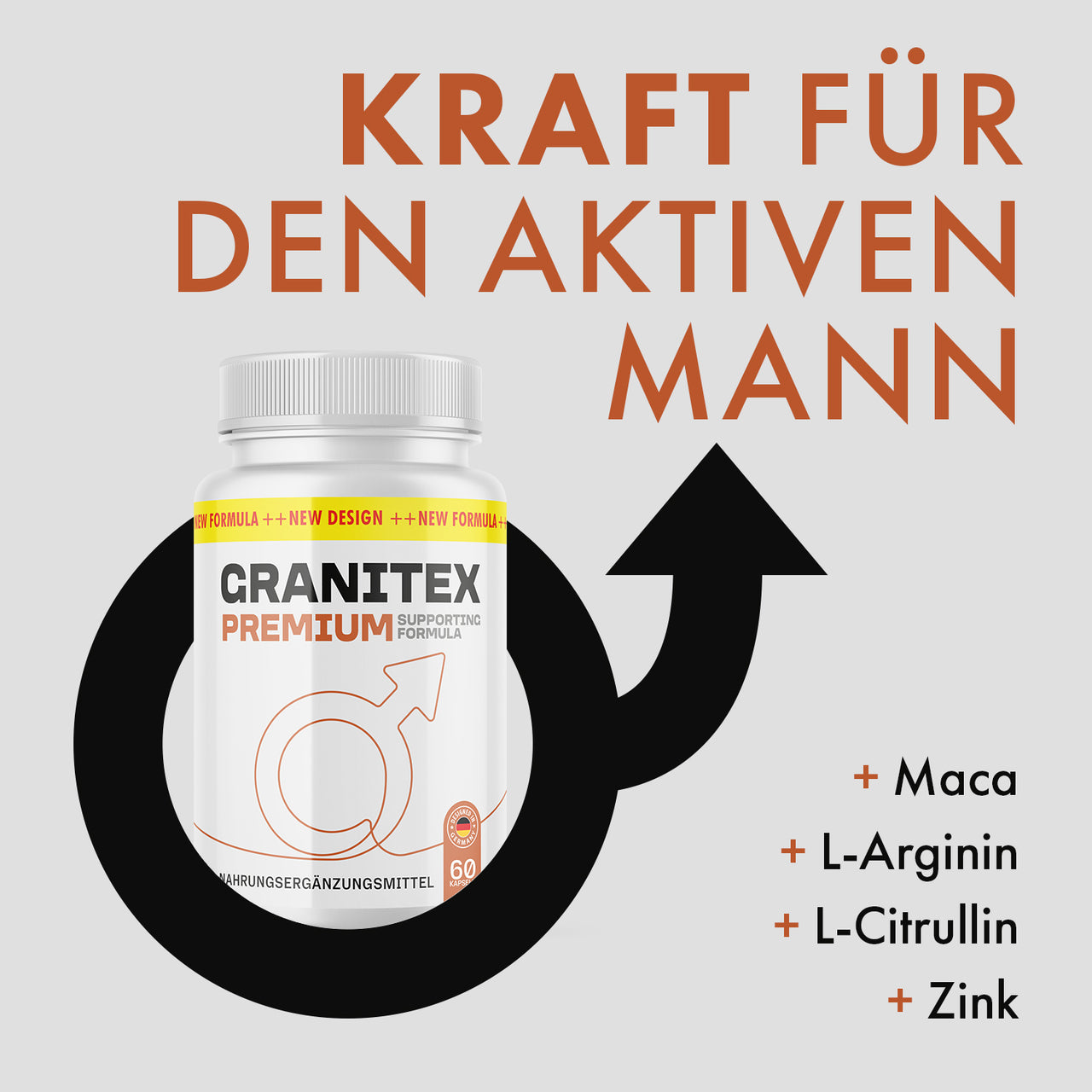 Produktabbildung Granittex Premium vor Männersymbol, dazu Schriftzug und Zutaten Maca, Zink
