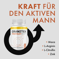 Thumbnail for Produktabbildung Granittex Premium vor Männersymbol, dazu Schriftzug und Zutaten Maca, Zink