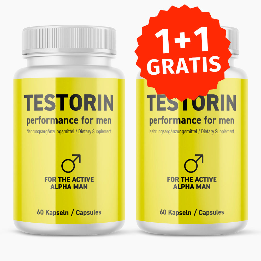 Zwei Kunststoffdosen Testorin performance for men mit 60 Kapseln und rotem 1+1 Gratis-Symbol