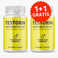 Thumbnail for Zwei Kunststoffdosen Testorin performance for men mit 60 Kapseln und rotem 1+1 Gratis-Symbol