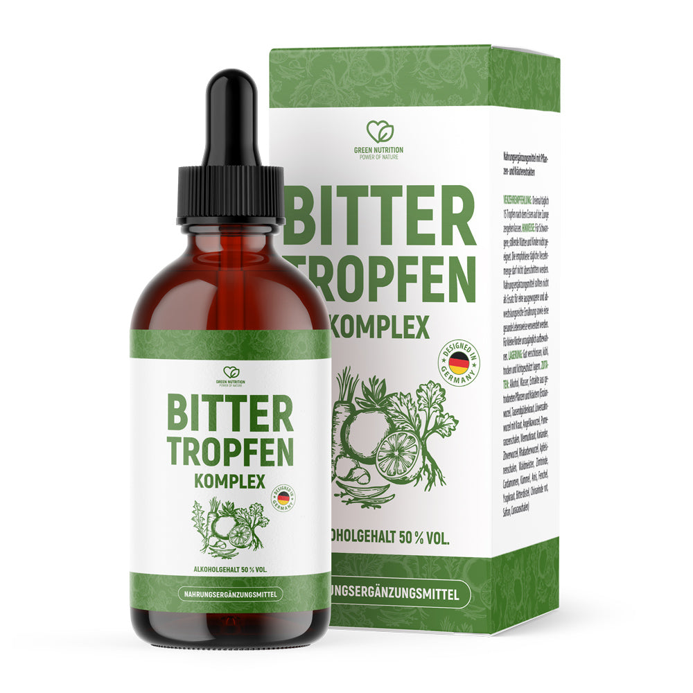 Braune Flasche mit Pipette mit Etikett BITTER TROPFEN KOMPLEX vor passender Faltschachtel