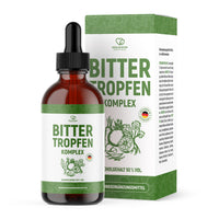 Thumbnail for Braune Flasche mit Pipette mit Etikett BITTER TROPFEN KOMPLEX vor passender Faltschachtel