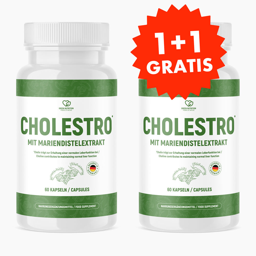 Zwei weiße Dosen Cholestro mit Mariendistelextrakt, 60 Kapseln und rotem Hinweis 1+1 gratis