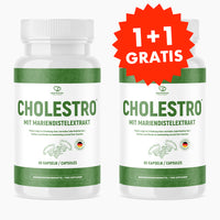 Thumbnail for Zwei weiße Dosen Cholestro mit Mariendistelextrakt, 60 Kapseln und rotem Hinweis 1+1 gratis