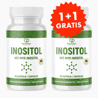 Thumbnail for Zwei weiße Dosen Inositol mit Myo-Inositol, jeweils 90 Kapseln, mit rotem Hinweis 1+1 gratis