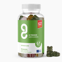 Thumbnail for Kunststoffdose mit grünem Etikett G7 Premium Green Gummies, 60 Fruchtgummis und sichtbaren Gummibärchen daneben