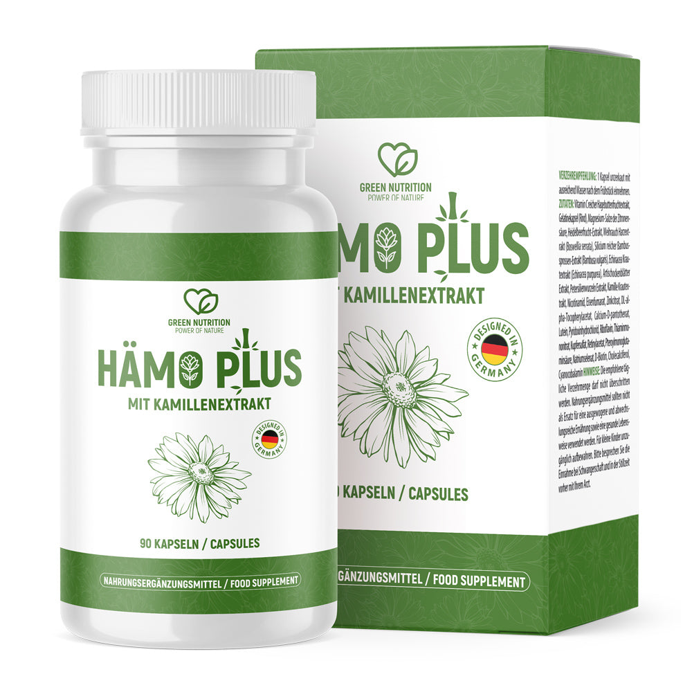 Hämo Plus Nahrungsergänzung mit Kamillenextrakt Dose und Umverpackung 90 Kapseln
