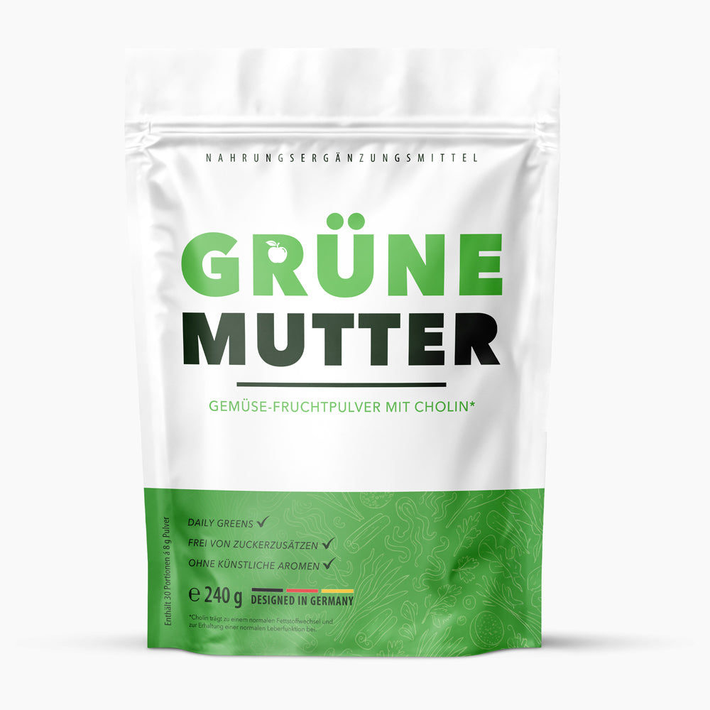 Weiß-grüner Standbeutel GRÜNE MUTTER mit Aufdruck Gemüse-Fruchtpulver mit Cholin 240 g