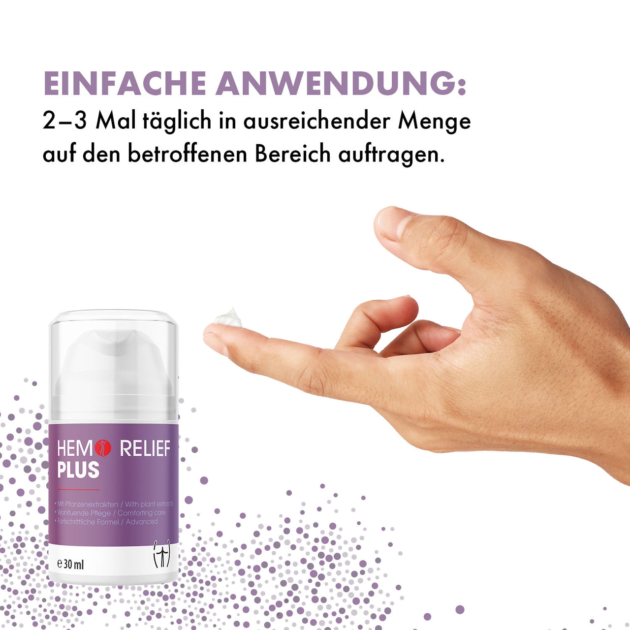 Hand mit Creme auf Finger neben Hemo Relief Plus 30 ml Spender, Hinweis zur Anwendung zweimal täglich