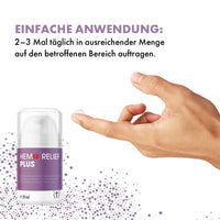 Thumbnail for Hand mit Creme auf Finger neben Hemo Relief Plus 30 ml Spender, Hinweis zur Anwendung zweimal täglich