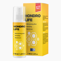 Thumbnail for Sprühflasche mit gelbem Etikett Hondro Life 100 ml vor passender Faltschachtel mit Wabenmotiv