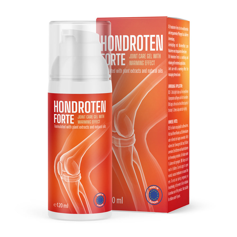 Flasche mit Pumpspender und rotem Etikett Hondroten Forte 120 ml vor passender Faltschachtel mit Gelenkabbildung