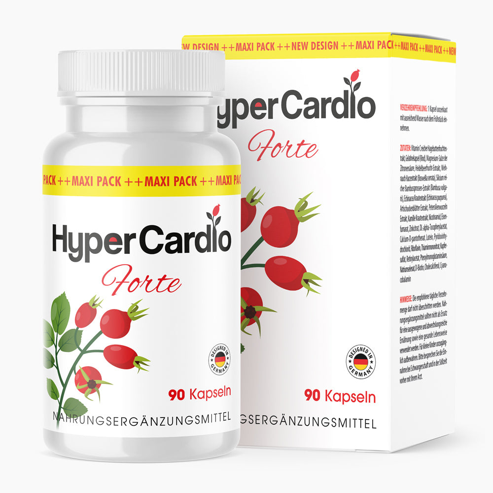 Weiße Kunststoffdose HyperCardio Forte mit gezeichneter Hagebutte vor passender Faltschachtel