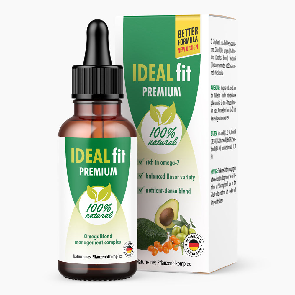 Flasche mit schwarzer Pipette, 100 Prozent natural-Schriftzug und Ideal Fit Premium vor Verpackung mit Avocadoabbildung