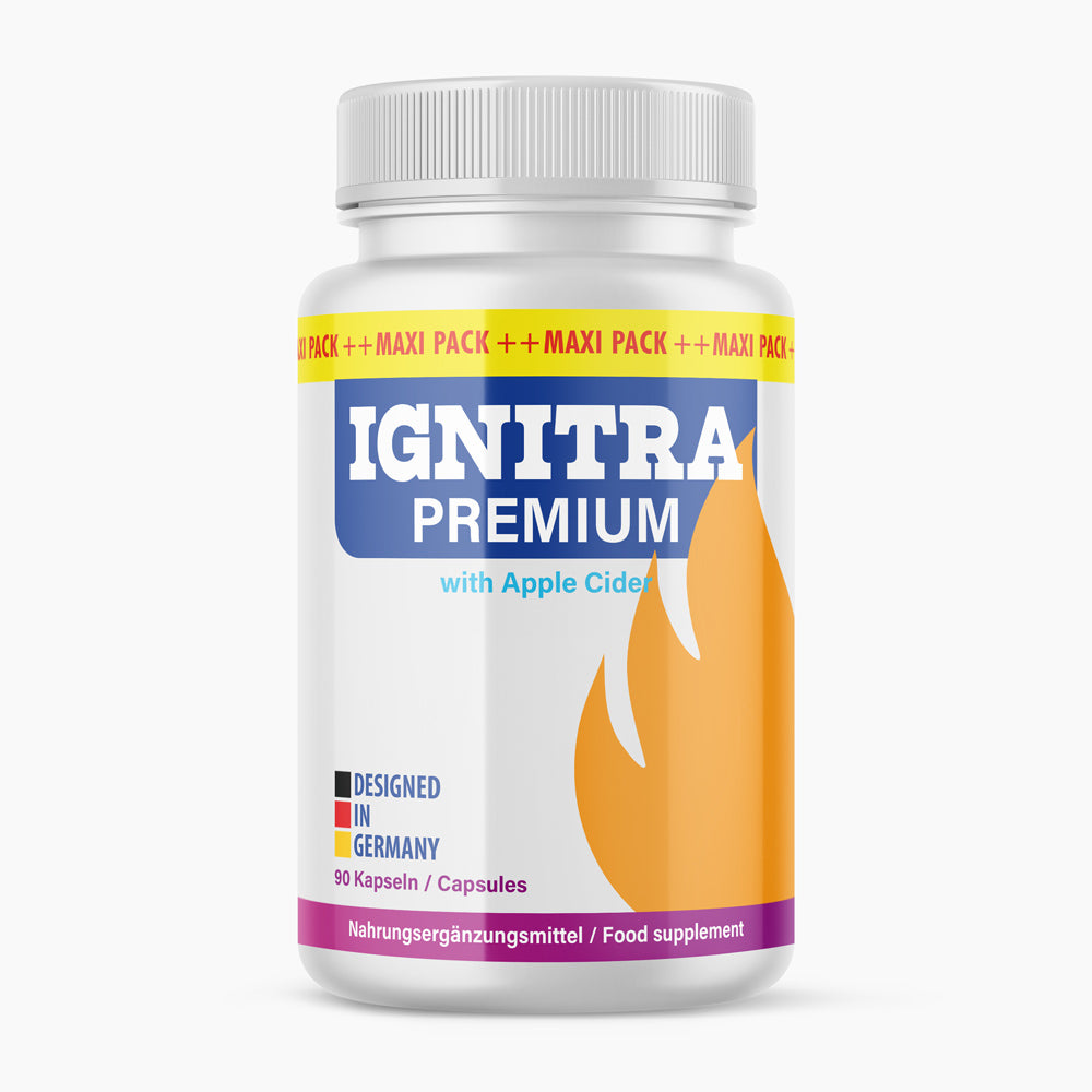 Weiße Dose Ignitra Premium mit gelbem Flammenmotiv und Aufschrift 90 Kapseln