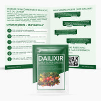 Thumbnail for Dailixir-Packung Daily Super Greens vor Faltblatt mit Textkästen, Icons und QR-Code