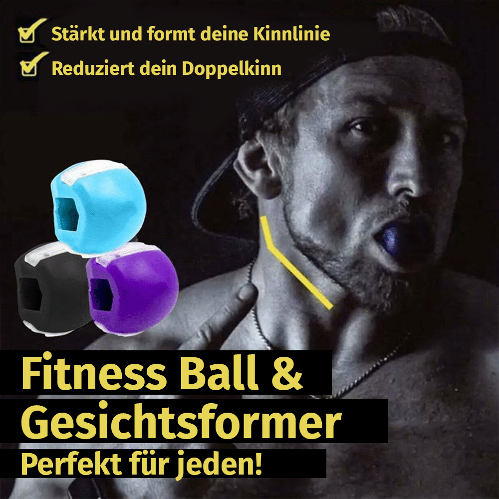 Muskulöser Mann mit Kinntrainer im Mund, drei Trainingsbälle in Blau Schwarz und Violett daneben