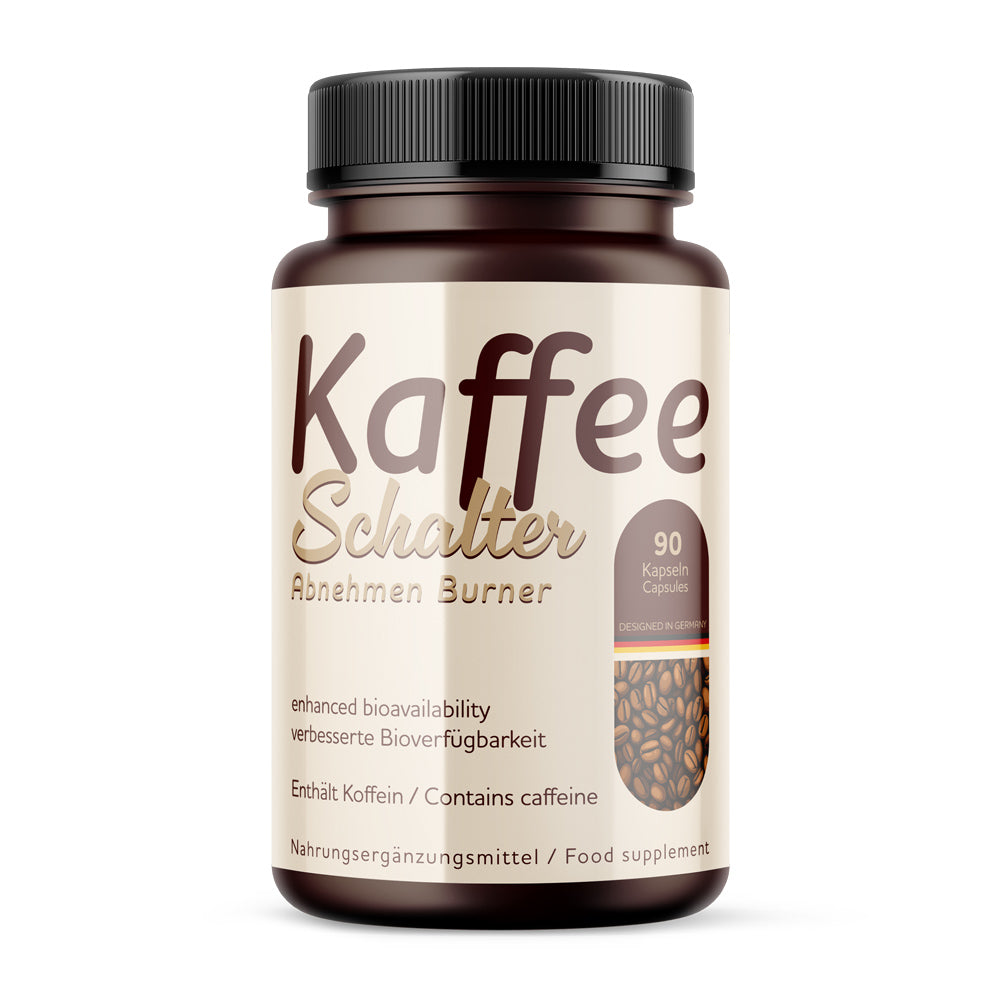 Dose mit schwarzem Deckel und Etikett Kaffee Schalter Abnehmen Burner 90 Kapseln, enhält Koffein