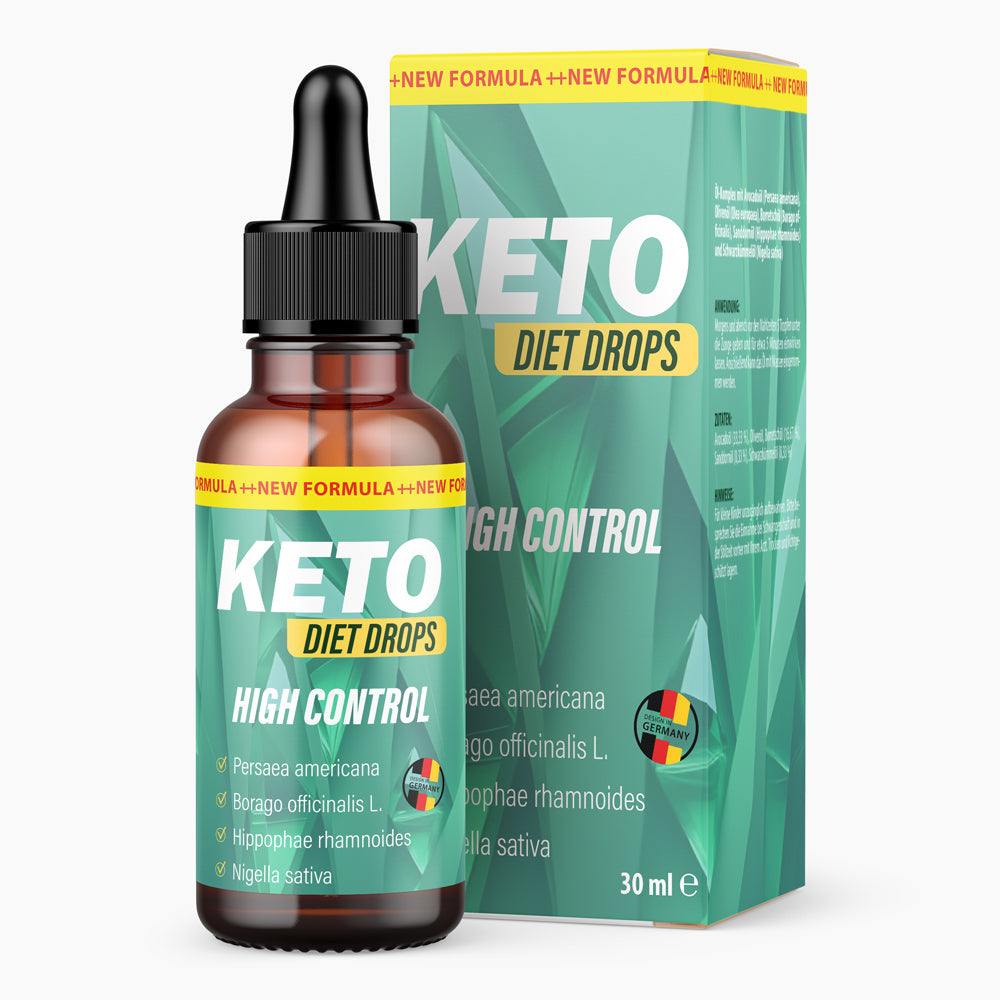 Keto Diet Drops Flasche mit Pipette, 30 ml, vor passender Faltschachtel abgebildet