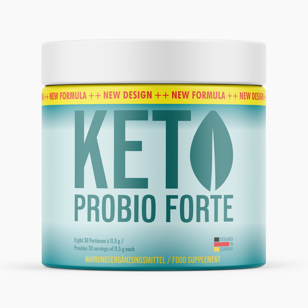 Kunststoffdose mit Schrift Keto Probio Forte, 30 Portionen à 11,5 g, türkisfarbenes Etikett, 345 g