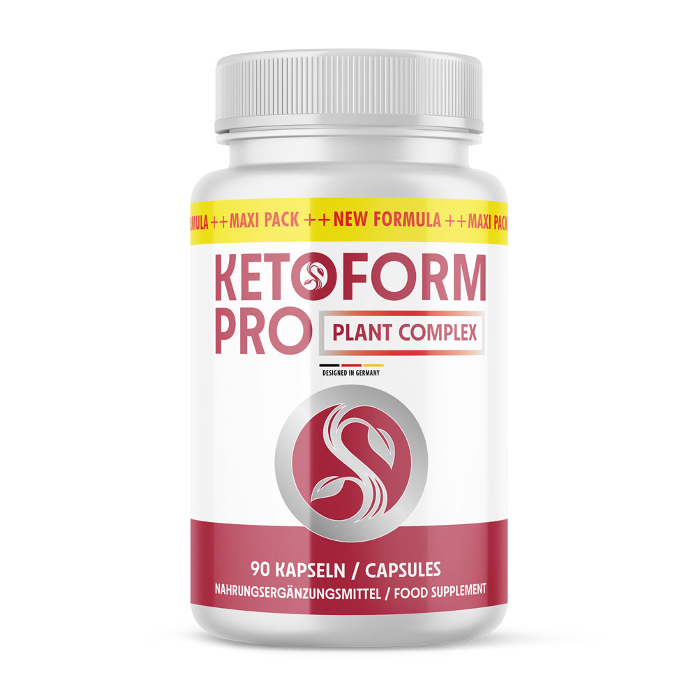 Weiße Kunststoffdose mit rotem Etikett und Schrift Ketoform Pro Plant Complex 90 Kapseln