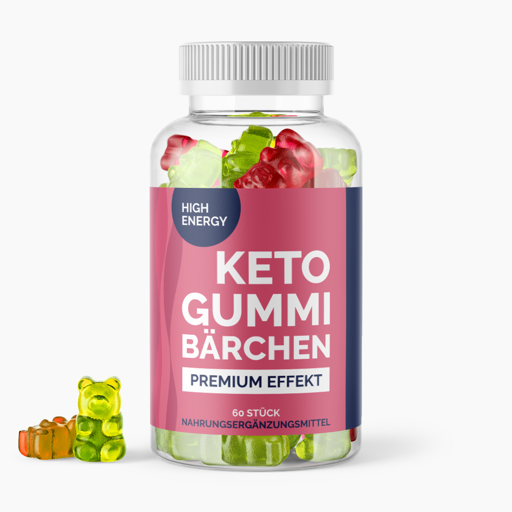 Kunststoffdose mit rosafarbenem Etikett Keto Gummibärchen Premium Effekt, 60 Stück und zwei Gummibärchen daneben