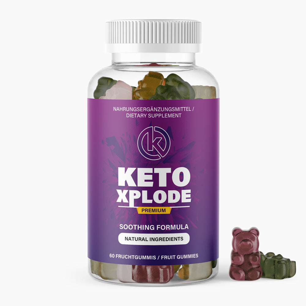 Dose mit Schraubdeckel und Etikett Keto Xplode Premium, sichtbare Gummibärchen und zwei daneben
