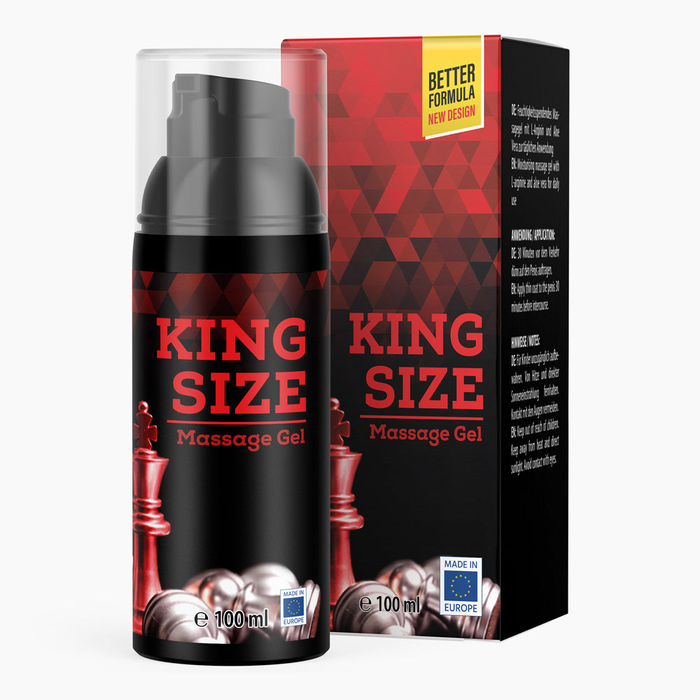 Schwarze Flasche mit Pumpspender und roter Schrift King Size Massage Gel 100 ml vor passender Faltschachtel