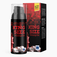 Thumbnail for Schwarze Flasche mit Pumpspender und roter Schrift King Size Massage Gel 100 ml vor passender Faltschachtel