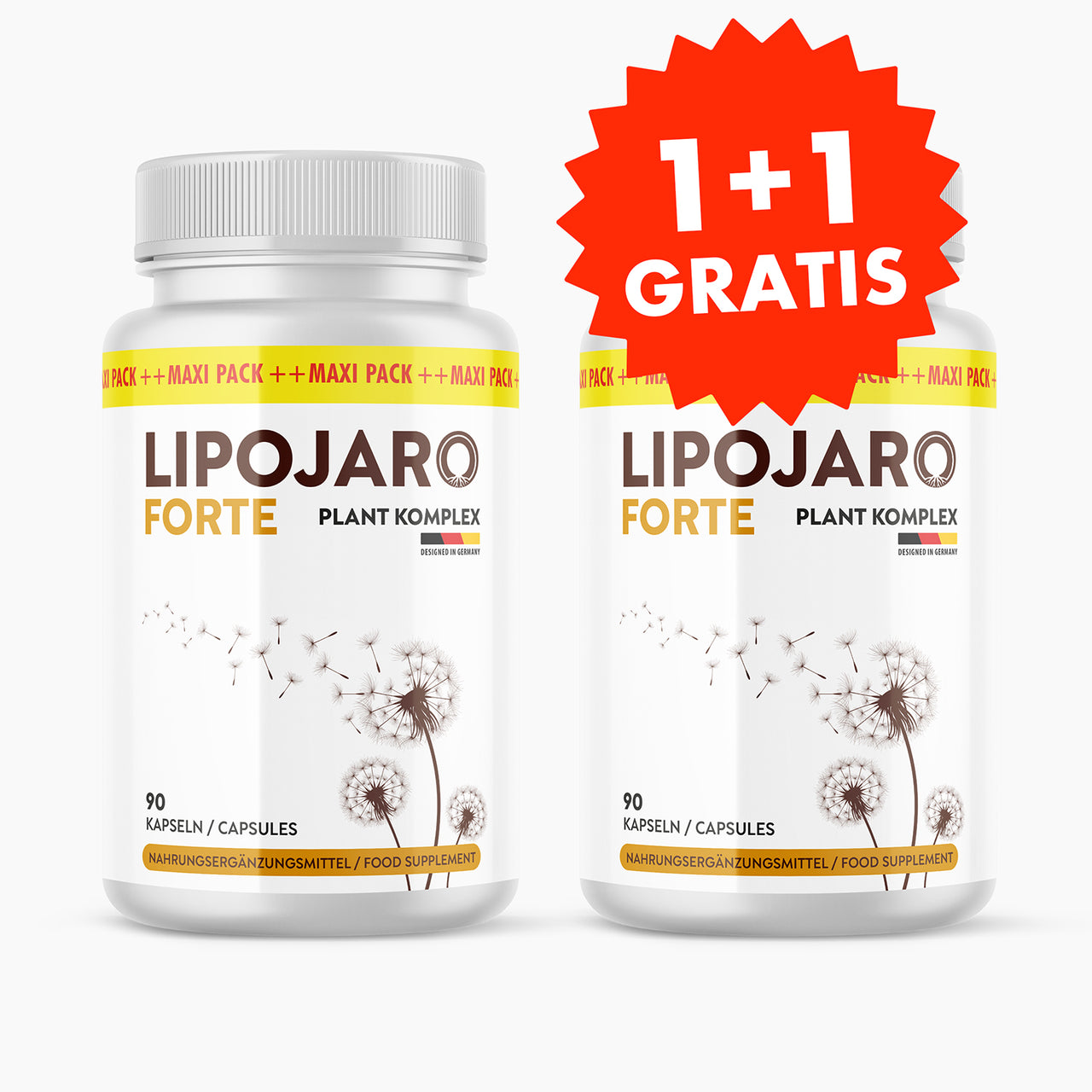 Zwei Dosen Lipojaro Forte Plant Komplex mit 90-Kapseln-Hinweis und rotem 1+1-Gratis-Siegel