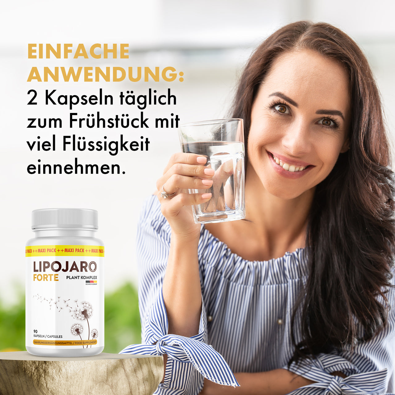 Dose Lipojaro Forte auf Holz neben Frau mit Wasserglas und sichtbarem Einnahmehinweis oben links