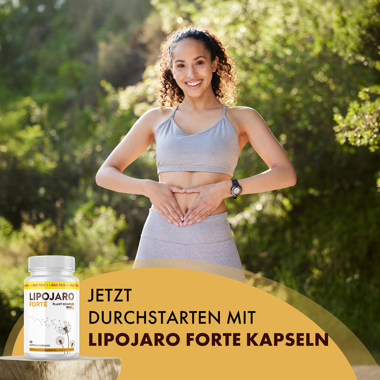 Frau in Sportkleidung hält Hände am Bauch neben Dose Lipojaro Forte und großem Textfeld