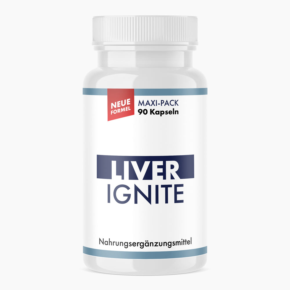 Weiße Kunststoffdose mit Schrift Liver Ignite, rotem Etikettelement Neue Formel und 90 Kapseln