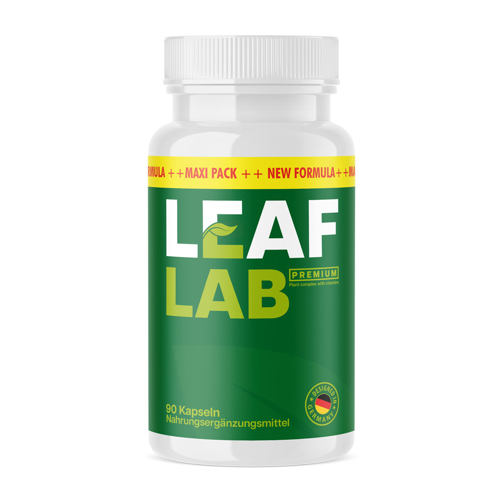 Kunststoffdose mit Schrift Leaf Lab Premium, 90 Kapseln, grünes Etikett mit gelbem Schriftzug