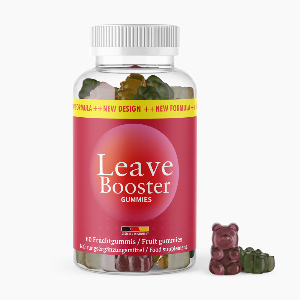 Dose mit weißem Deckel und Etikett Leave Booster Gummies, 60 Fruchtgummis, rote Verpackung mit Gummibärchen davor
