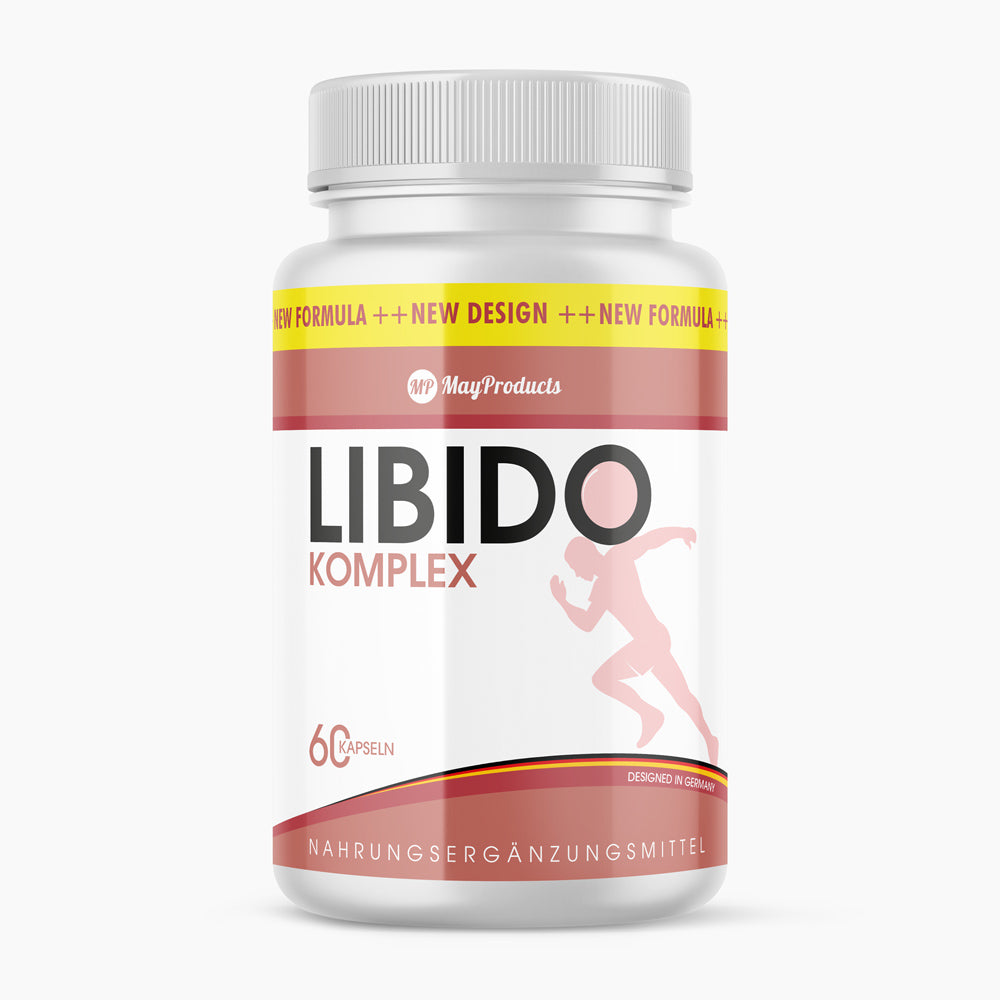 Weiße Kunststoffdose mit Deckel und Schrift Libido Komplex 60 Kapseln