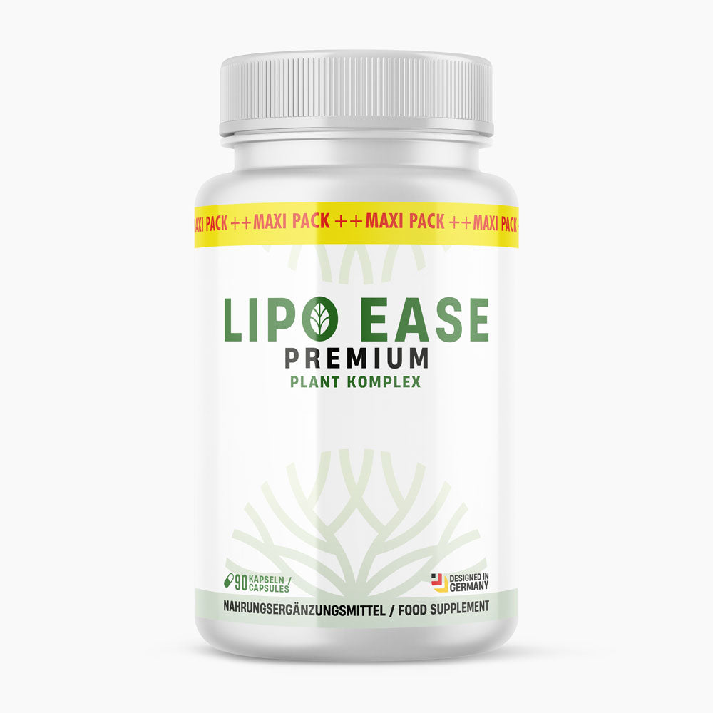 Lipo Ease Premium Dose mit grünem Pflanzenmotiv und Hinweis auf 90 Kapseln