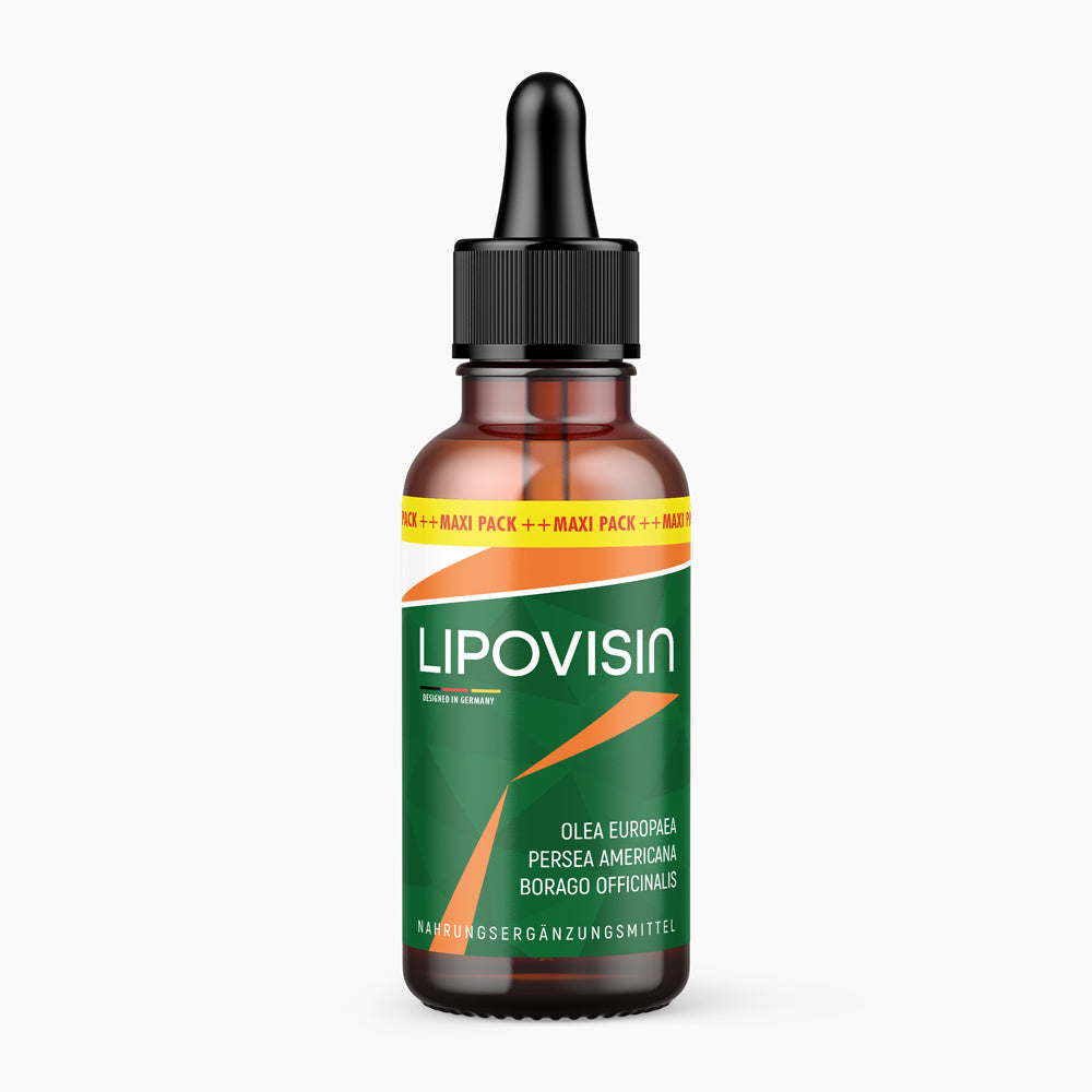 Braune Flasche mit Pipette und grünem Etikett mit Aufdruck LIPOVISIN MAXI PACK