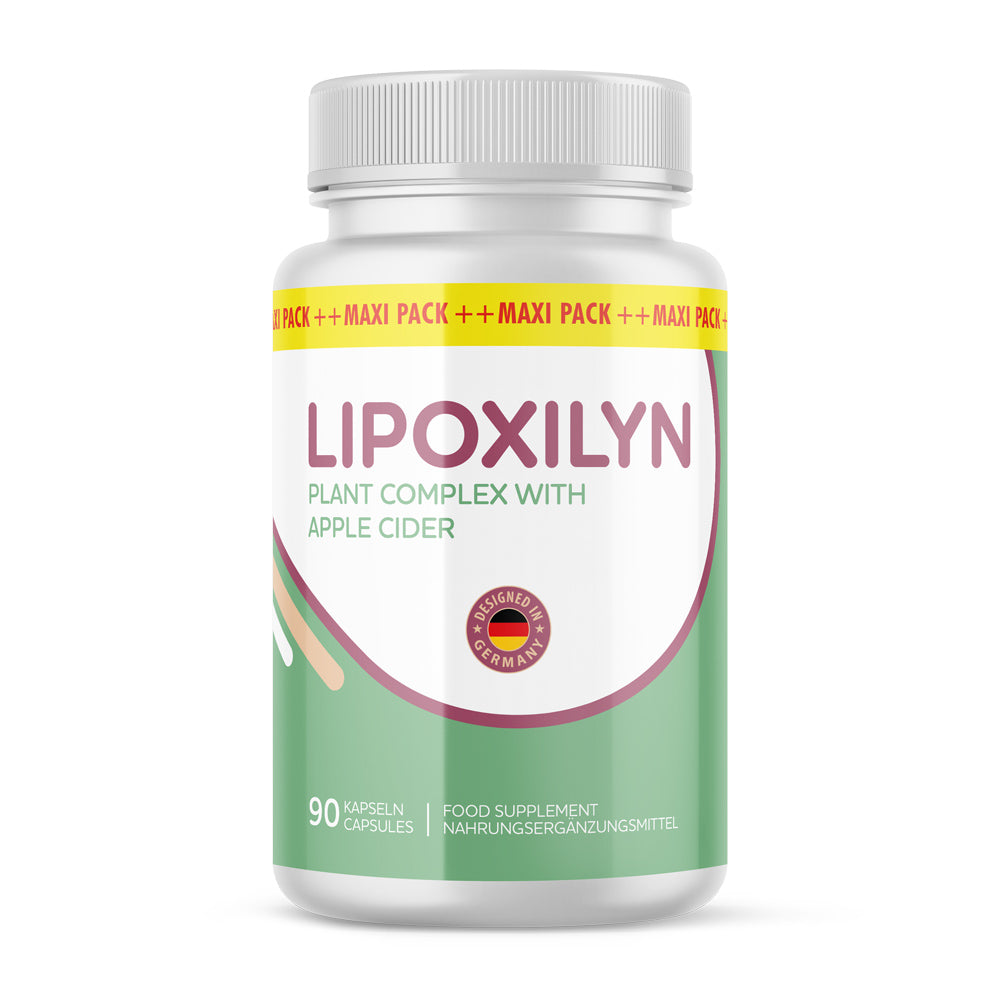 Weiße Kunststoffdose mit grünem Etikett Lipoxilyn Plant Complex with Apple Cider, 90 Kapseln