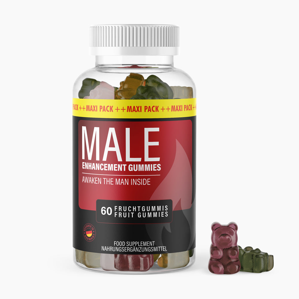 Dose mit roten Male Enhancement Gummies für Männer 60 Stück Fruchtgummis im Maxi Pack