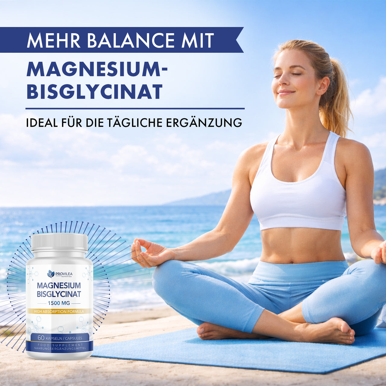 Frau im Yogasitz am Strand neben Dose „Magnesium-Bisglycinat“, Text im Bild