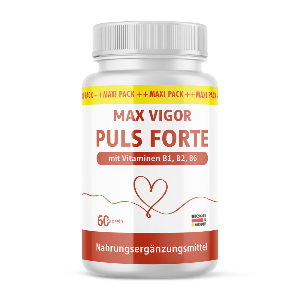 Weiße Kunststoffdose mit rotem Etikett Max Vigor Puls Forte mit Vitaminen B1, B2, B6 und 60 Kapseln