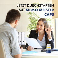 Thumbnail for Frau im Büro zeigt OK-Geste im Gespräch, daneben Schriftzug zu Memo Meister Caps und Produktdose